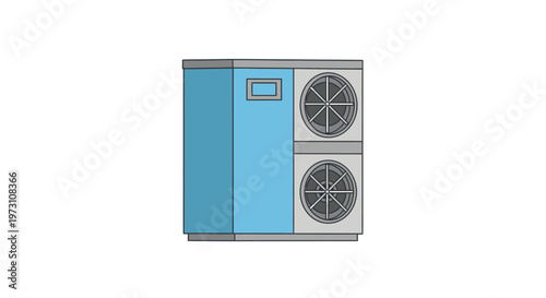 An illustration depicts a modern air conditioning unit with a blue door and two large fans on the right side, viewed from a front perspective indoors.