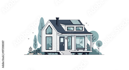 Modern minimalist residential dwelling with sustainable solar panels and a charming porch surrounded by serene natural elements