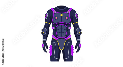 The futuristic full-body armor suit with purple accents is displayed prominently on a neutral background showcasing its intricate design and protective features.