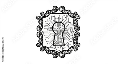 Ornate keyhole framed by circuit board lines and decorative swirls