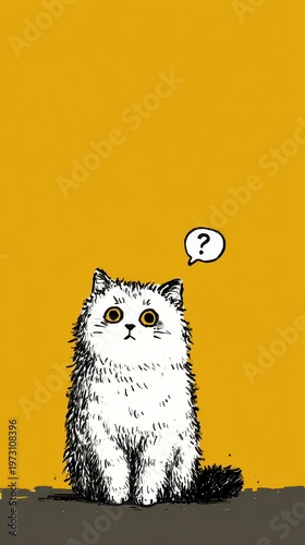 Curious cat with wide eyes and question mark on yellow background