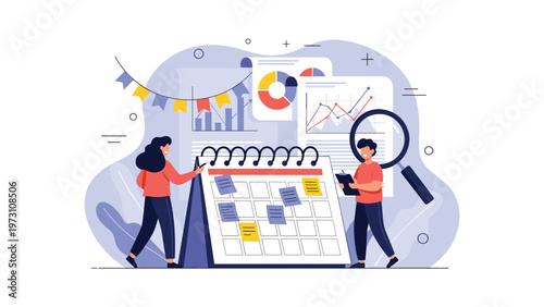 Organized team of people actively managing tasks and planning events with a large calendar, sticky notes, and analytical charts, symbolizing efficient project management.