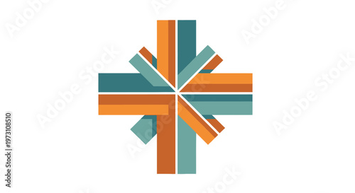 A vibrant abstract composition featuring a stylized cross made of colorful geometric shapes in orange and green hues on a white background.