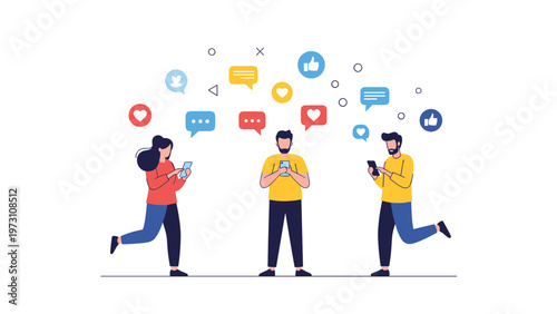 Diverse group of people actively using their smartphones, surrounded by various social media icons, symbolizing digital communication and online networking.