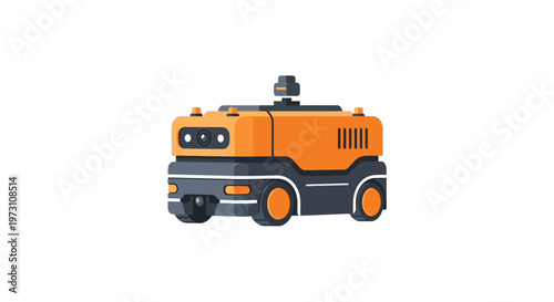 A sleek orange and black robot is shown moving forward on wheels in a neutral environment with a focus on Technology and Industry.