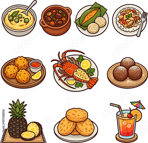 Caribbean food and tropical cuisine icons vector illustration isolated on white background