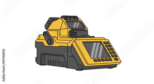 An illustration of a yellow and black robot standing on a surface, showcasing its screen and controls in a graphic environment from a side viewpoint.