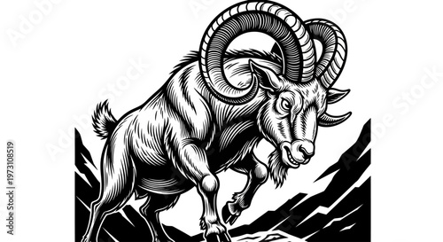 A muscular ram with large curved horns runs down a mountain