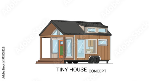 Conceptual design illustration of a compact dwelling on wheels showcasing modern minimalist architectural aesthetics and sustainable living