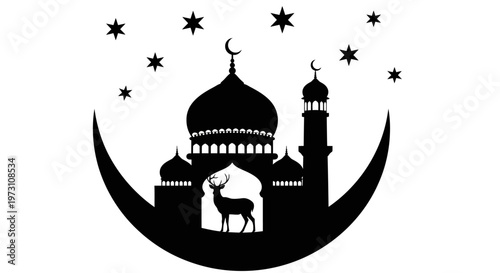 A serene illustration of a mosque, deer, and crescent moon under starry night sky