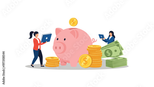 Two women efficiently managing their finances around a large pink piggy bank, surrounded by stacks of gold coins and dollar bills, symbolizing savings and investment.
