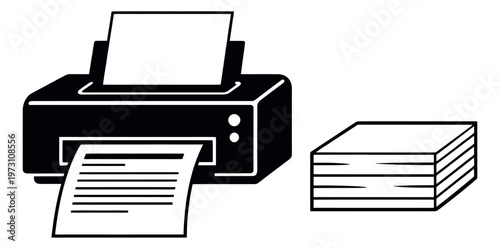 Line art office equipment set featuring a printer with paper and a stack of paper for printing tasks