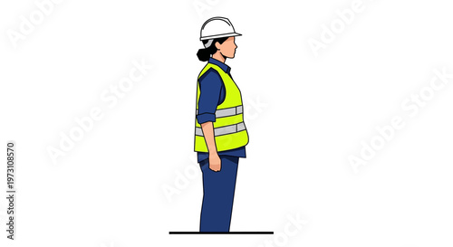A female worker wearing a white hard hat and yellow safety vest stands on a construction site in a blue uniform viewed from the side.