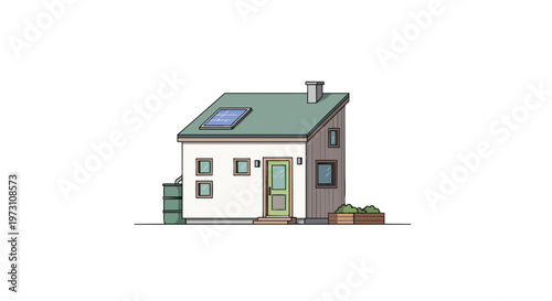 Modern eco-friendly dwelling with solar panels and rain barrel illustrating sustainable living