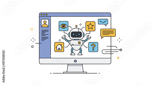 Computer screen displaying a friendly chatbot robot alongside various interactive icons, symbolizing AI assistance, customer service, and digital support.
