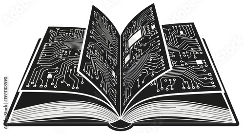 An open book displays pages filled with intricate electronic circuit board designs