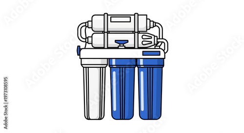 An illustration shows a water filtration system with multiple cylindrical filters and a complex piping structure on top, displayed in a graphic design.