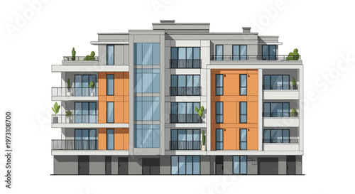 Modern Apartment Building Facade Illustration with Orange Accents and Balconies