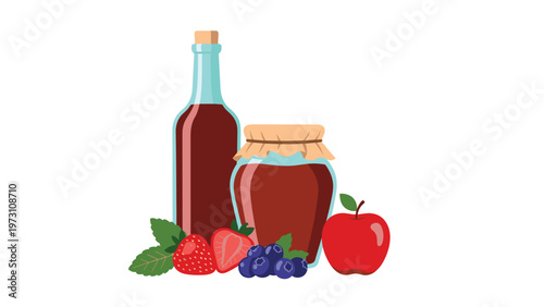 Colorful illustration showcasing a glass bottle and a jar of homemade preserves surrounded by fresh strawberries, blueberries, mint, and a red apple, representing natural and healthy products.