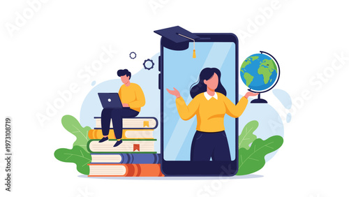 Engaging illustration depicting online education with a female teacher on a smartphone screen holding a globe and a male student learning on a laptop, symbolizing e-learning and remote study.