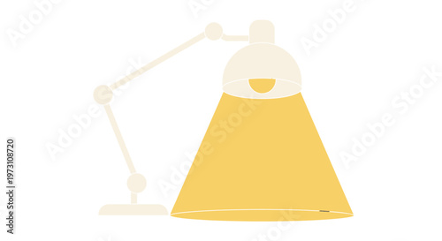 A bright yellow desk lamp sits on a table next to a white background with its adjustable arm extended upwards.