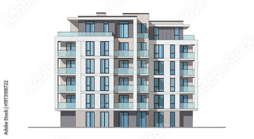 Modern Residential Building Facade with Balconies and Numerous Windows, Architectural Rendering