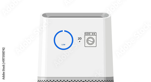 A sleek white air purifier with a blue dial and a gray button is shown on a clean surface in a modern home environment viewed from a front side angle.