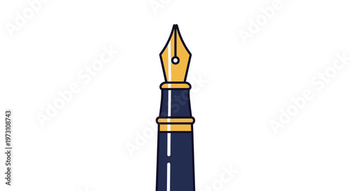 An illustration depicts a close-up view of a dark blue and gold fountain pen nib and tip on a white background.