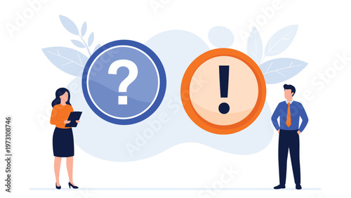 Illustrative vector of two people standing beside large question mark and exclamation mark symbols, signifying problem-solving, support, answers, and critical decision-making processes.