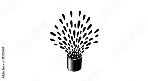 Black and white graphic of a garden sprinkler head spraying water in arcs