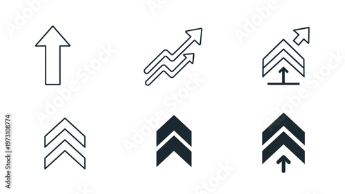 Collection of six distinct upward-pointing arrow icons in various styles, representing concepts of growth, progress, success, increase, and positive direction in business or data.