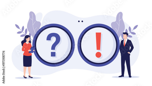 Stylized illustration of two professionals standing between prominent question mark and exclamation mark icons, symbolizing inquiry, problem-solving, and decisive communication in business.