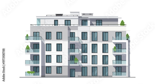 Modern Apartment Building Facade With Balconies And Windows Isolated On A White Background