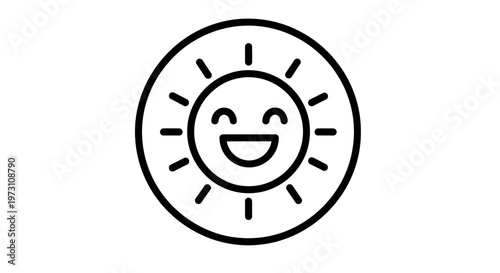 A simple outline drawing of a happy sun icon with rays