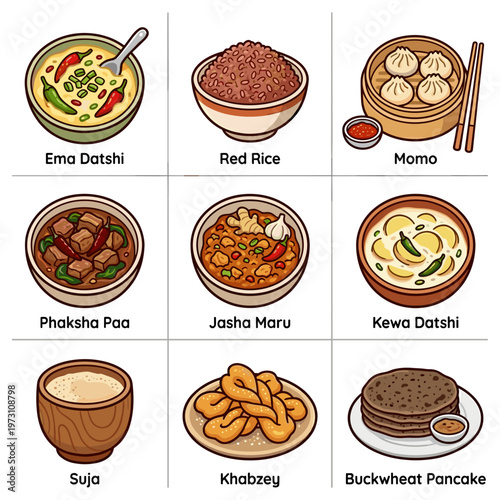 Collection of traditional Bhutanese cuisine dishes set vector illustration