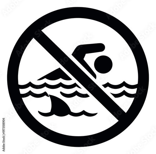 Graphic illustration of a no swimming sign depicting a shark fin for water safety warning