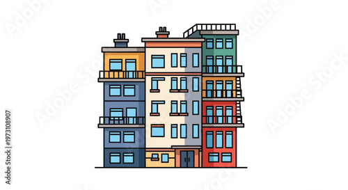 Stylized colorful apartment building illustration with multiple floors and windows, isolated on white background
