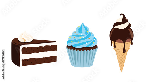 Delicious trio of desserts featuring a rich chocolate cake slice, a festive blue frosted cupcake, and a tempting chocolate-dipped ice cream cone, symbolizing sweet treats and celebration.