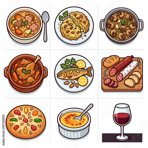 Collection of traditional French cuisine dishes including snails and wine vector illustration
