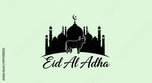Eid Al Adha celebration with mosque and cow silhouette on green background