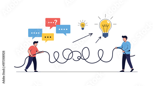 Illustrative vector graphic depicting two men pulling a tangled rope towards lightbulbs and speech bubbles, symbolizing collaborative problem-solving, idea generation, and overcoming challenges.