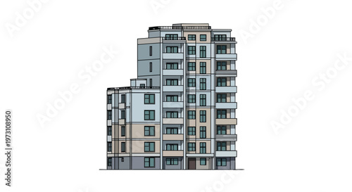 Detailed architectural drawing of a modern multi-story apartment building with balconies and numerous windows