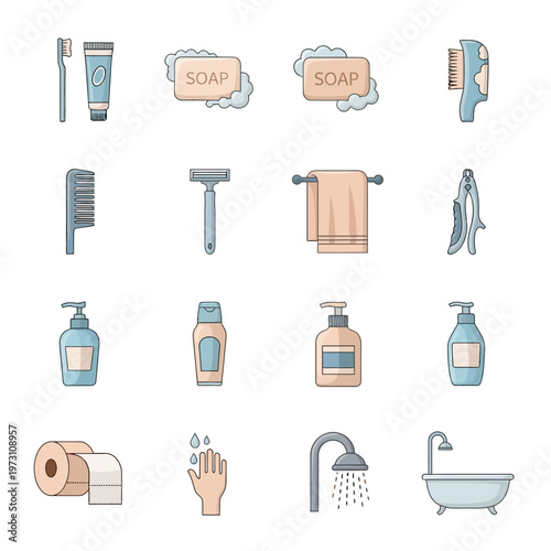 Bathroom Hygiene Icons: Toothbrush, Soap, Razor, Towel, Shower, Bathtub, Toilet Paper