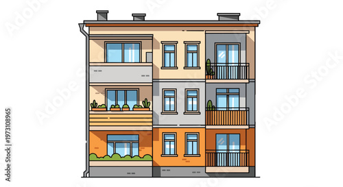A Stylized Multi-Story Apartment Building Facade Featuring Balconies, Windows, and Greenery Illustrates Urban Residential Living