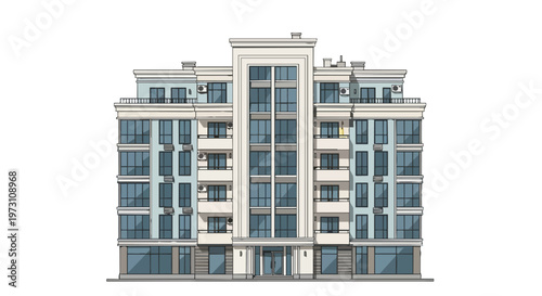 A sketch of a modern multi-story residential building with a central glass facade and balconies on each level, rendered with colored pencils and ink