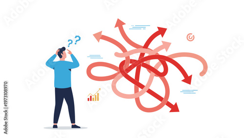 Illustrative vector graphic depicting a confused man with question marks above his head, contemplating a tangled mess of red arrows, symbolizing complexity, difficult choices, and indecision.