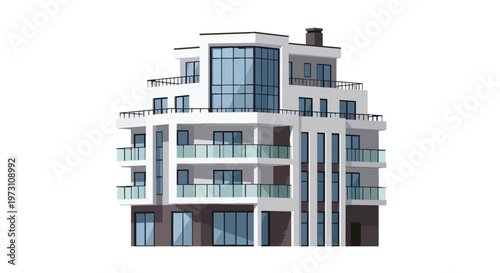 Modern Architectural Design of a Sleek Multi-Story Residential Building with Glass Balconies and Large Windows Rendered on a White Background