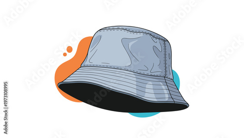 Stylish illustration of a light blue bucket hat, a popular casual headwear accessory, set against a background of colorful abstract shapes, symbolizing modern fashion and summer style.