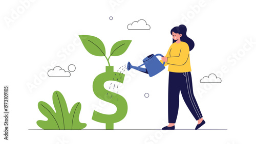 Creative illustration of a woman watering a thriving plant growing from a large dollar sign, symbolizing financial growth, investment, savings, and wealth cultivation.