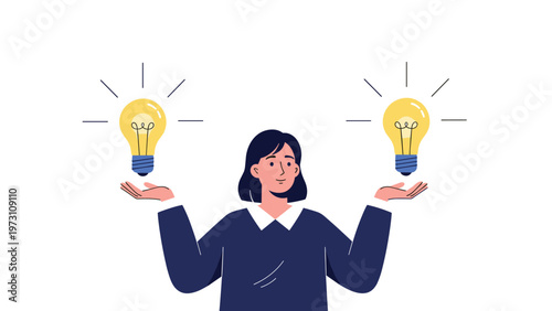 Thoughtful woman balancing two glowing lightbulbs in her hands, symbolizing the weighing of ideas, creative choices, decision-making, and innovative problem-solving.